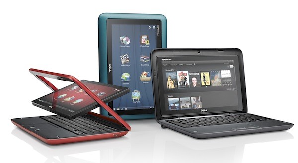 Dell Inspiron Duo (po lewej widać obracany ekran, w środku komputer w wariancie tabletu, w prawej jako netbook)