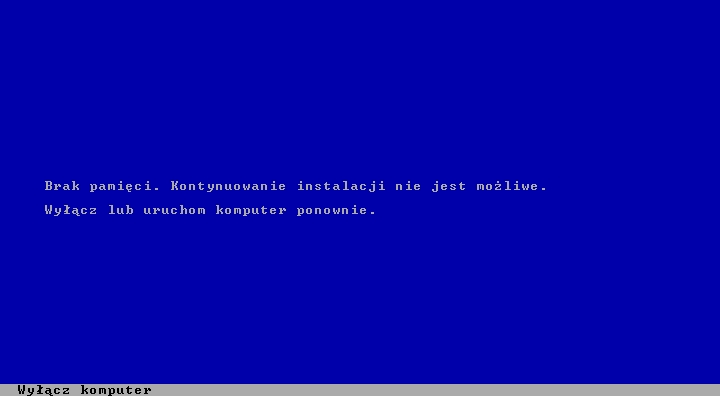 Rys. 1 - Windows XP - brak pamięci podczas instalacji