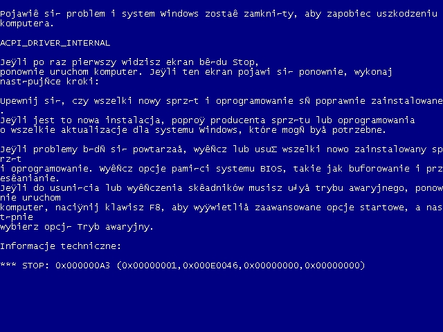 Rys. 5 - Windows XP - brak pamięci podczas uruchamiania